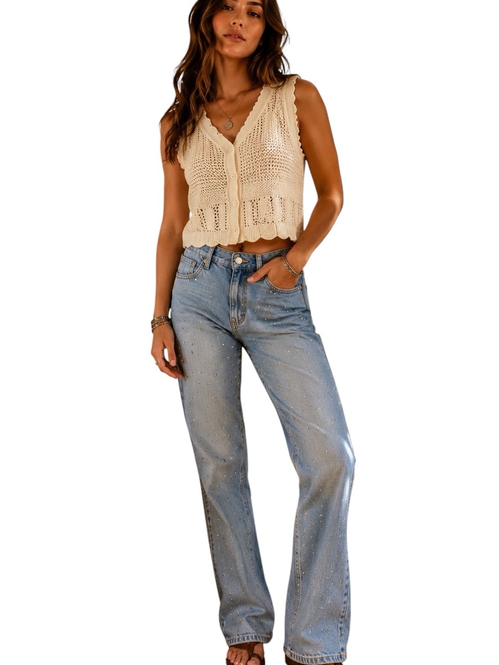 Wrangler Sunset Mid Rise Straight Leg Rhinestone Studded Jeans 27x29 Y2K